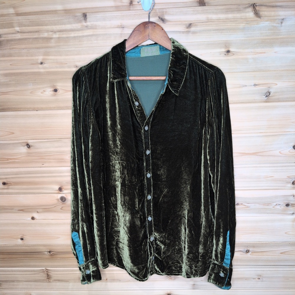 CP Shades x Garnet Hill Olive Green Silk Blend Velvet Button Down Shirt M USA